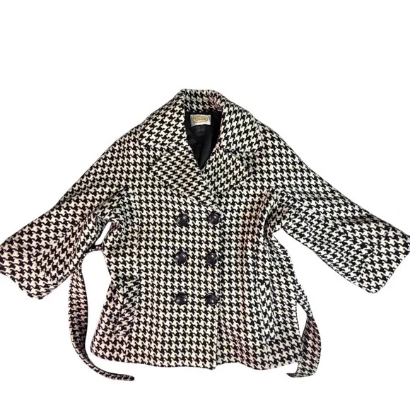 Talbots Houndstooth Double Breasted Belted Peplum Coat Jacket Women's Size L 50s - Picture 2 of 9